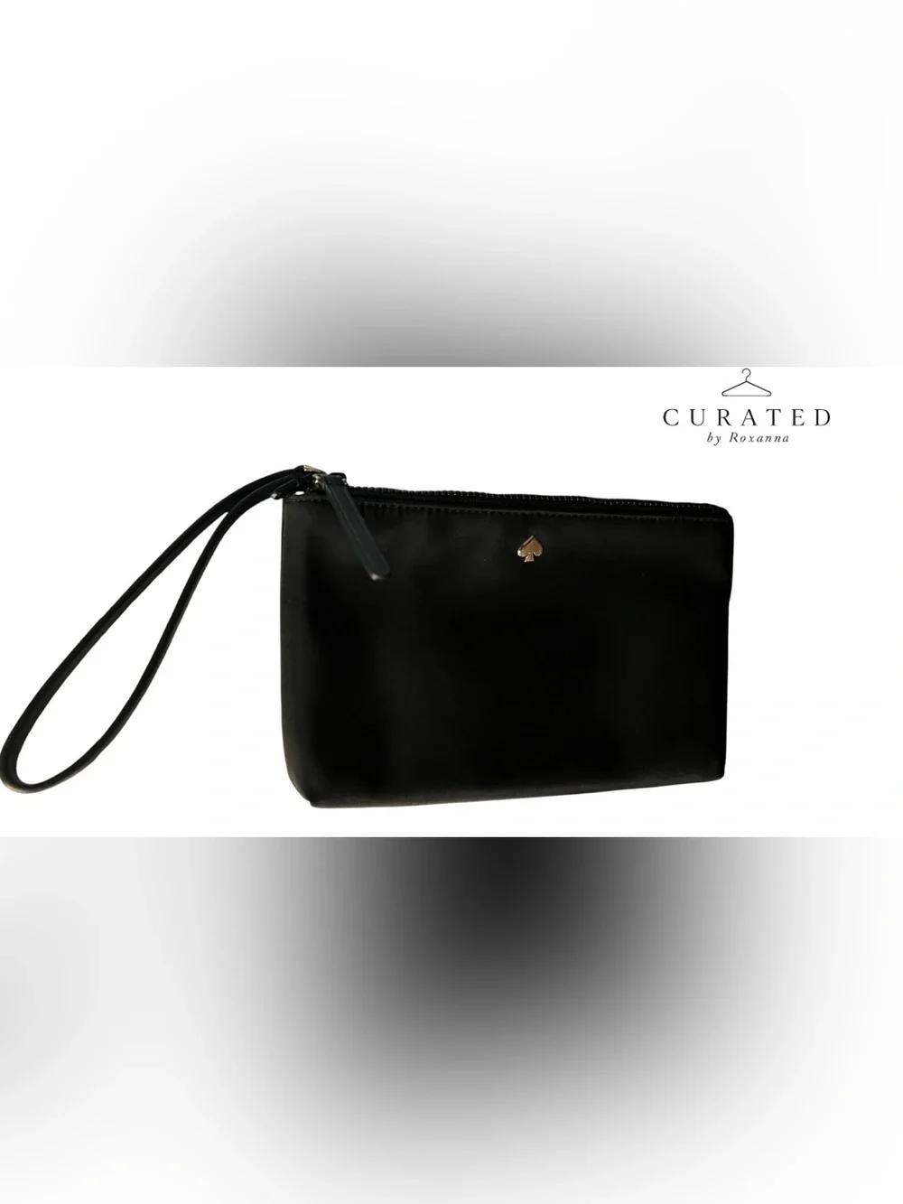 Kate Spade Black Nylon Wristlet Zip Pouch Clutch Gold Spade Logo EUC